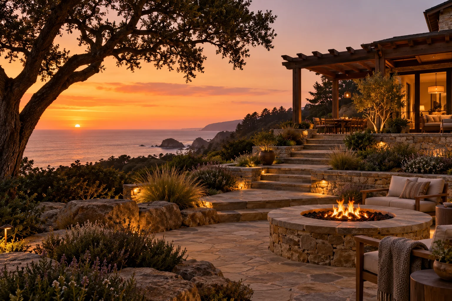 AI concept of a terraced stone garden and outdoor living space at sunset
